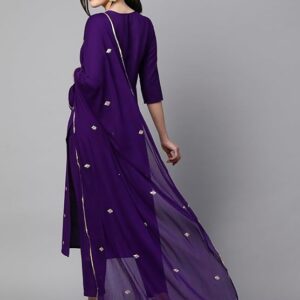 GoSriKi Women's Cotton Blend Embroidered Straight Kurta with Pant & Dupatta